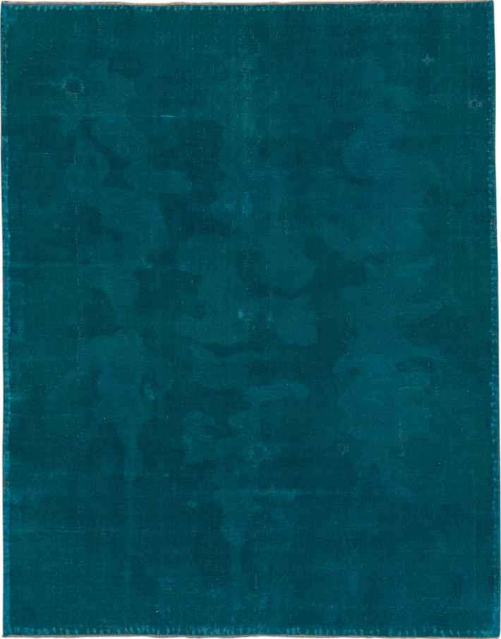 5' x 6' one-of-a-kind handmade vintage Overdyed rug. Color palette: blue, dark gray, gray, green, light gray, off-white