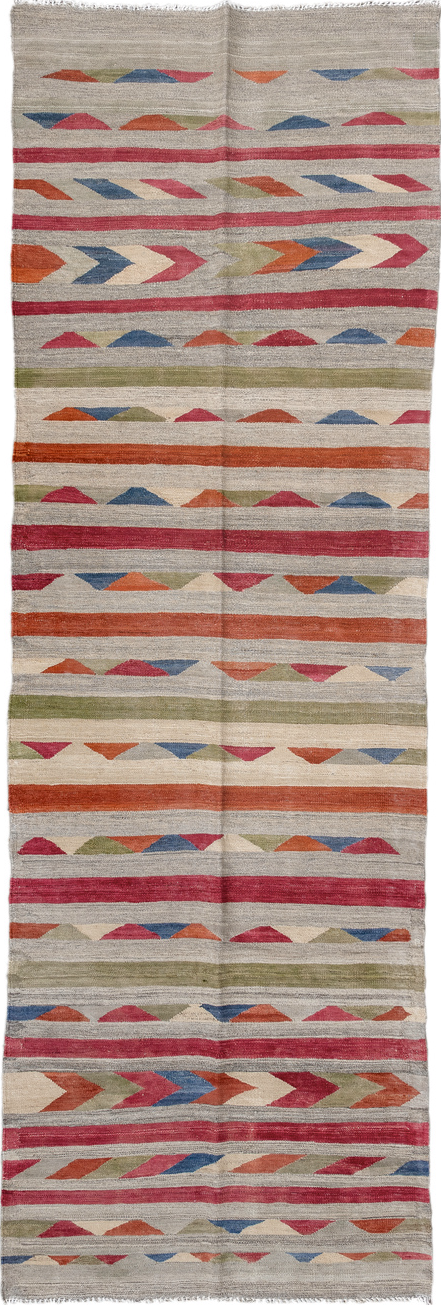 3' x 7' one-of-a-kind handmade vintage Kilim runner rug. Color palette: gray, blue, red, pink, off-white, light gray, brown