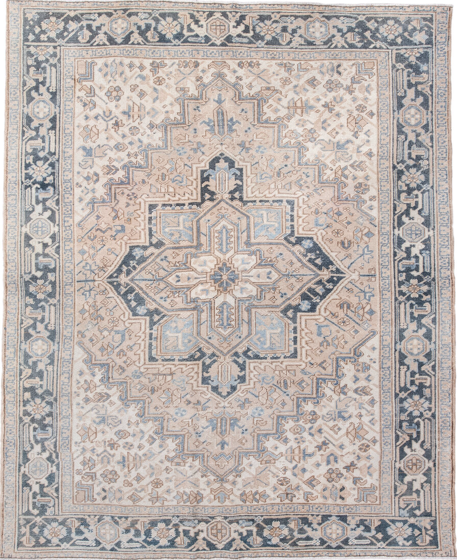 6' x 7' one-of-a-kind handmade vintage Heriz rug. Color palette: black, blue, charcoal, dark gray, gainsboro, gray