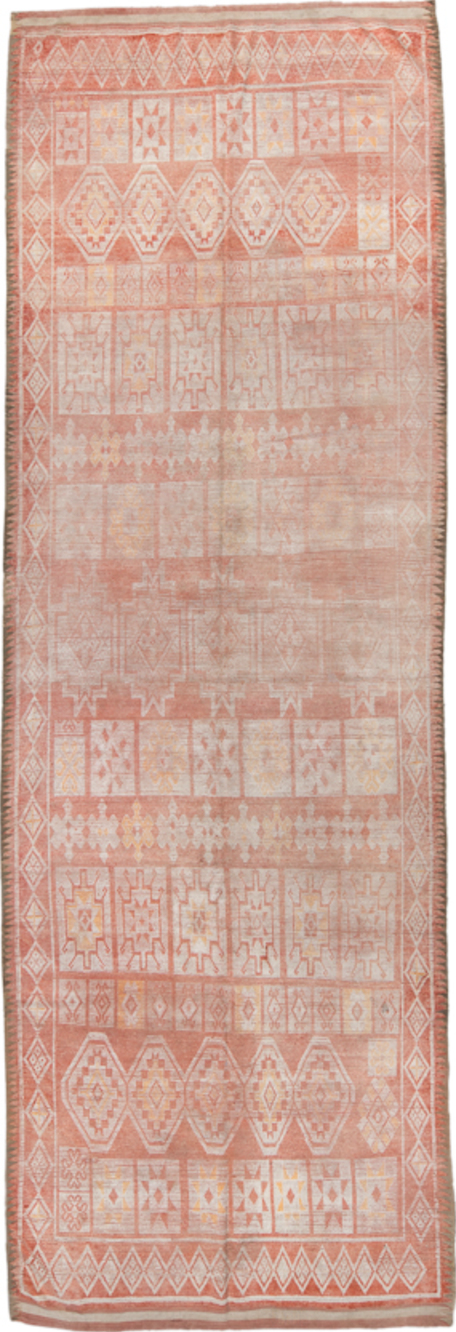 5' x 14' one-of-a-kind handmade vintage Moroccan runner rug. Color palette: brown, gray, light gray, off-white, orange, pink