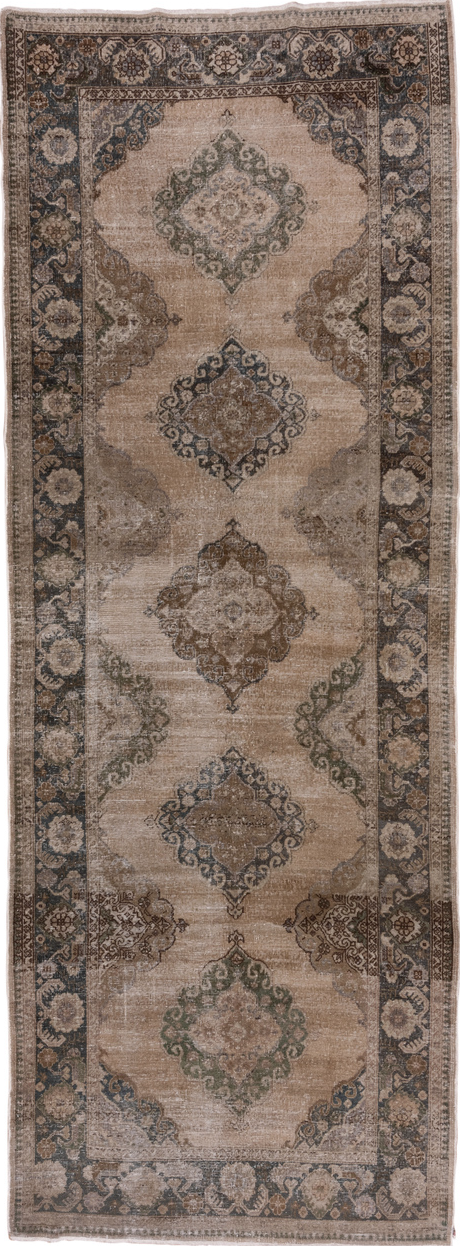 5' x 13' one-of-a-kind handmade vintage Oushak runner rug. Color palette: brown, gray, light gray, off-white, pink