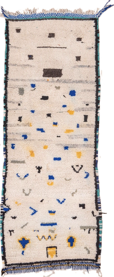 2' x 6' one-of-a-kind handmade vintage Moroccan runner rug. Color palette: gray, blue, light gray, black, off-white, brown