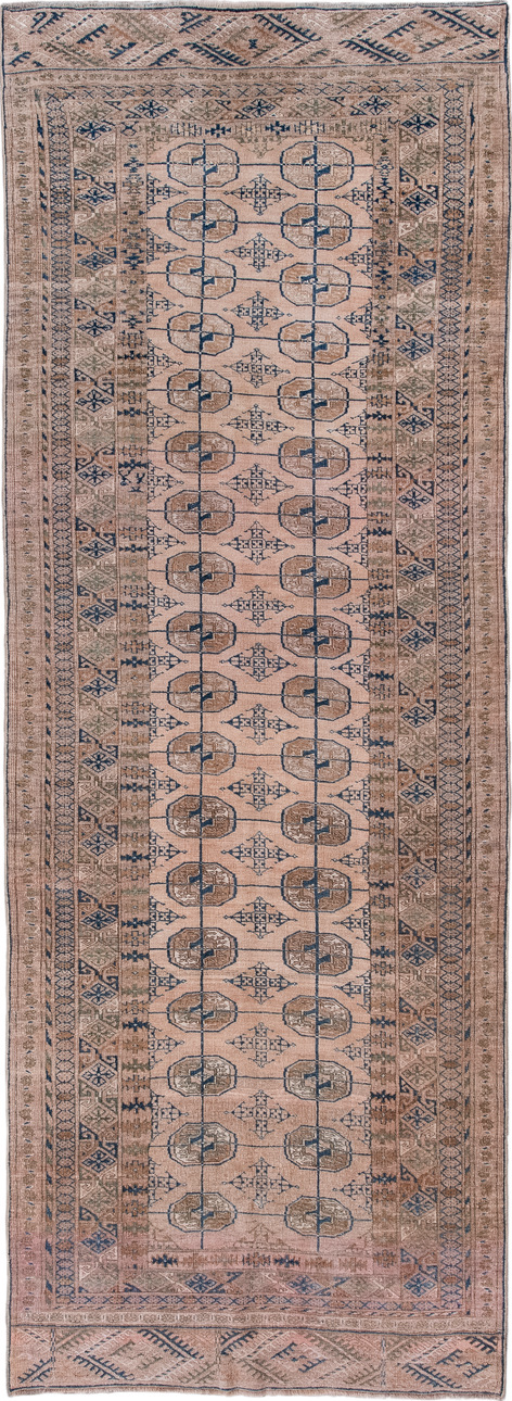 3' x 9' one-of-a-kind handmade vintage Bokara runner rug. Color palette: black, blue, brown, dim gray, fiord, gray