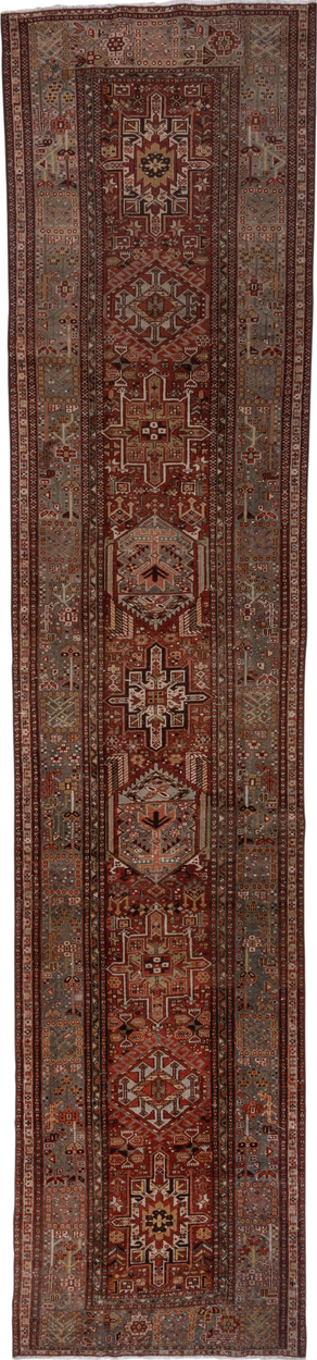3' x 14' one-of-a-kind handmade vintage Karaje runner rug. Color palette: brown, gray, off-white, pink, red, snow, white