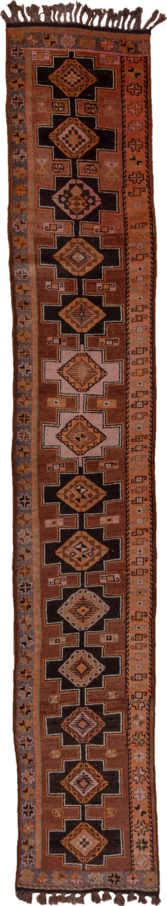 2' x 13' one-of-a-kind handmade vintage Kars runner rug. Color palette: brown, off-white, pink, snow, white, whitesmoke