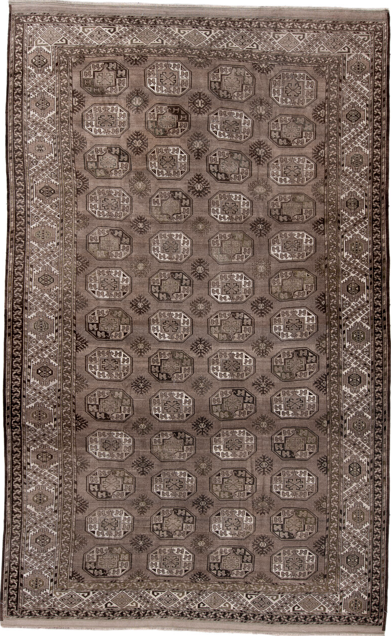 7' x 12' one-of-a-kind handmade vintage Afghan large size rug. Color palette: brown, gainsboro, gray, light gray, off-white
