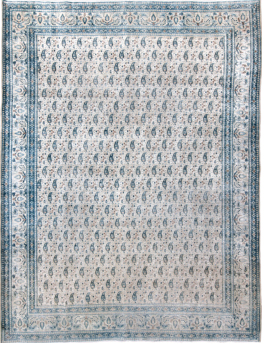 10' x 13' one-of-a-kind handmade vintage Khorassan large size rug. Color palette: blue, dark gray, dim gray, gray