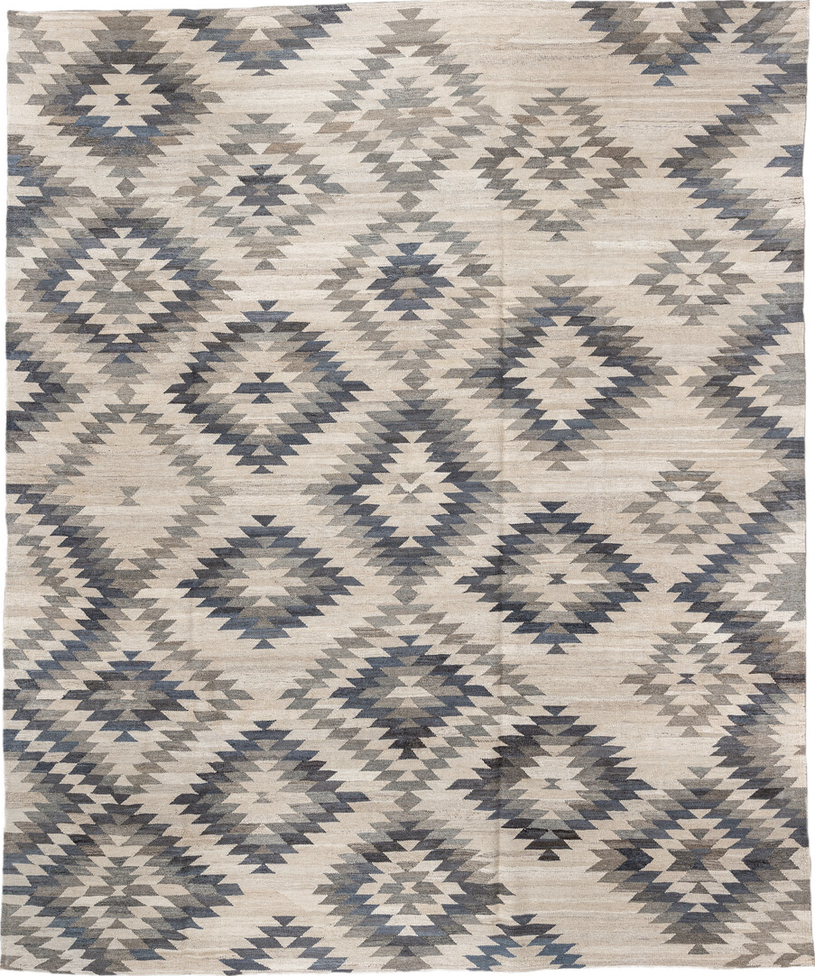 8' x 9' one-of-a-kind handmade vintage Kilim rug. Color palette: gray, off-white, light gray, pink, linen, dim gray
