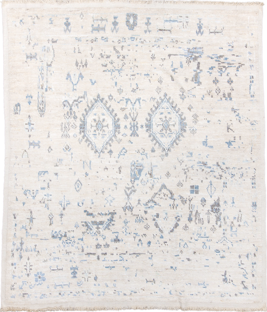 8' x 9' one-of-a-kind handmade vintage Tulu rug. Color palette: alice blue, dark gray, floral white, gainsboro, ghost white