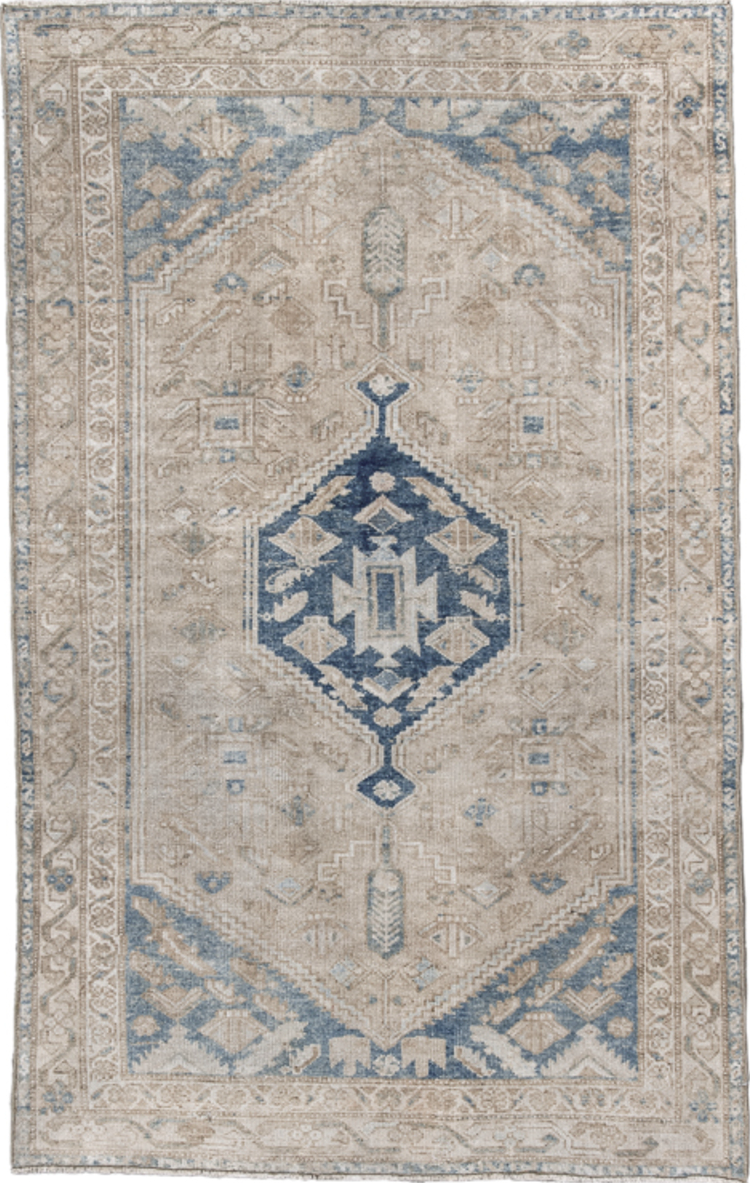 4' x 6' one-of-a-kind handmade vintage Malayer small size rug. Color palette: gray, blue, light gray, off-white, pink