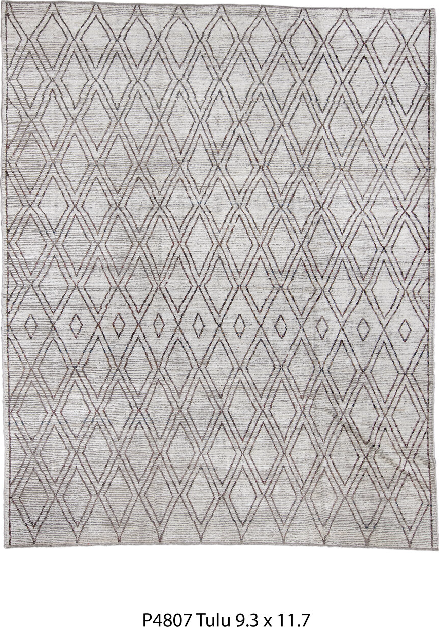 9' x 11' one-of-a-kind handmade vintage Tulu large size rug. Color palette: black, blue, charcoal, dark gray, dim gray