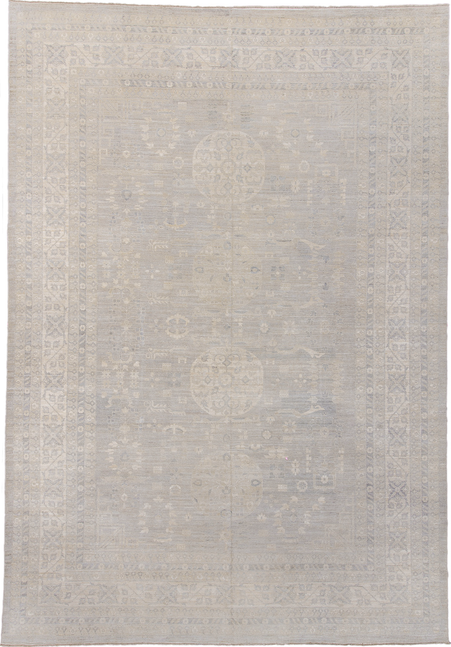 13' x 19' one-of-a-kind handmade vintage Khotan oversize rug. Color palette: dark gray, dim gray, gainsboro, gray