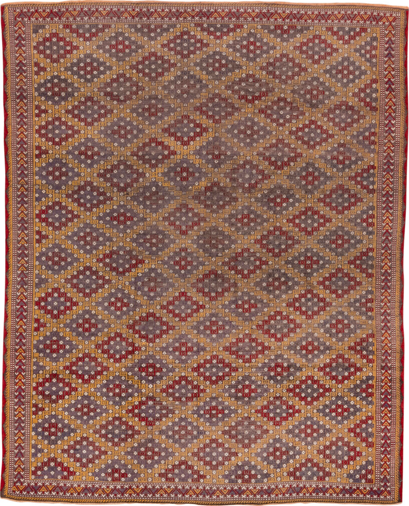 6' x 7' one-of-a-kind handmade vintage Jijim rug. Color palette: brown, gray, light gray, off-white, orange, pink, red, snow