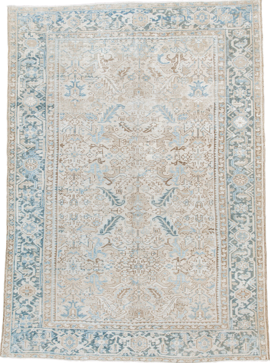 7' x 10' one-of-a-kind handmade vintage Heriz large size rug. Color palette: dark gray, dim gray, gainsboro, gray