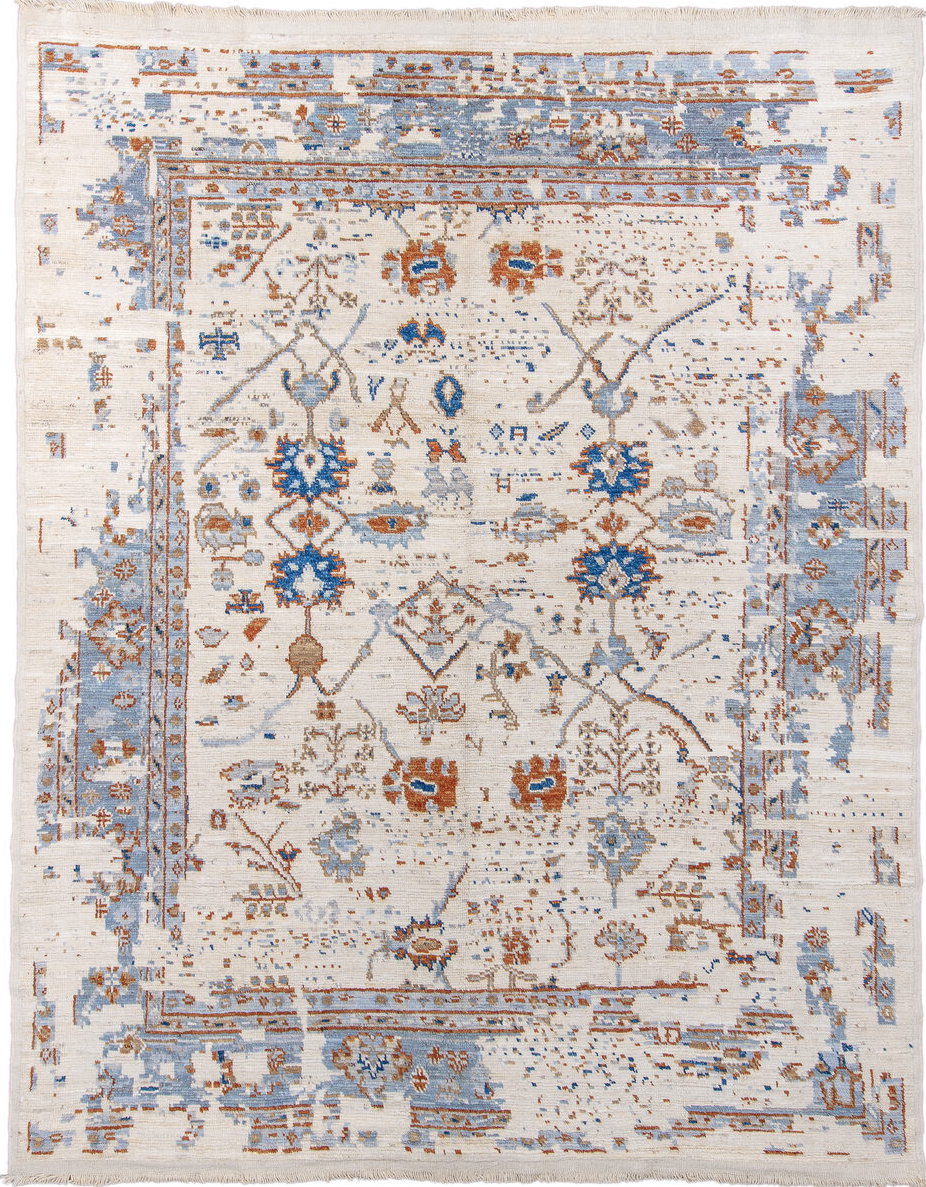 10' x 13' one-of-a-kind handmade vintage Tulu large size rug. Color palette: blue, brown, gray, light gray, light slate gray