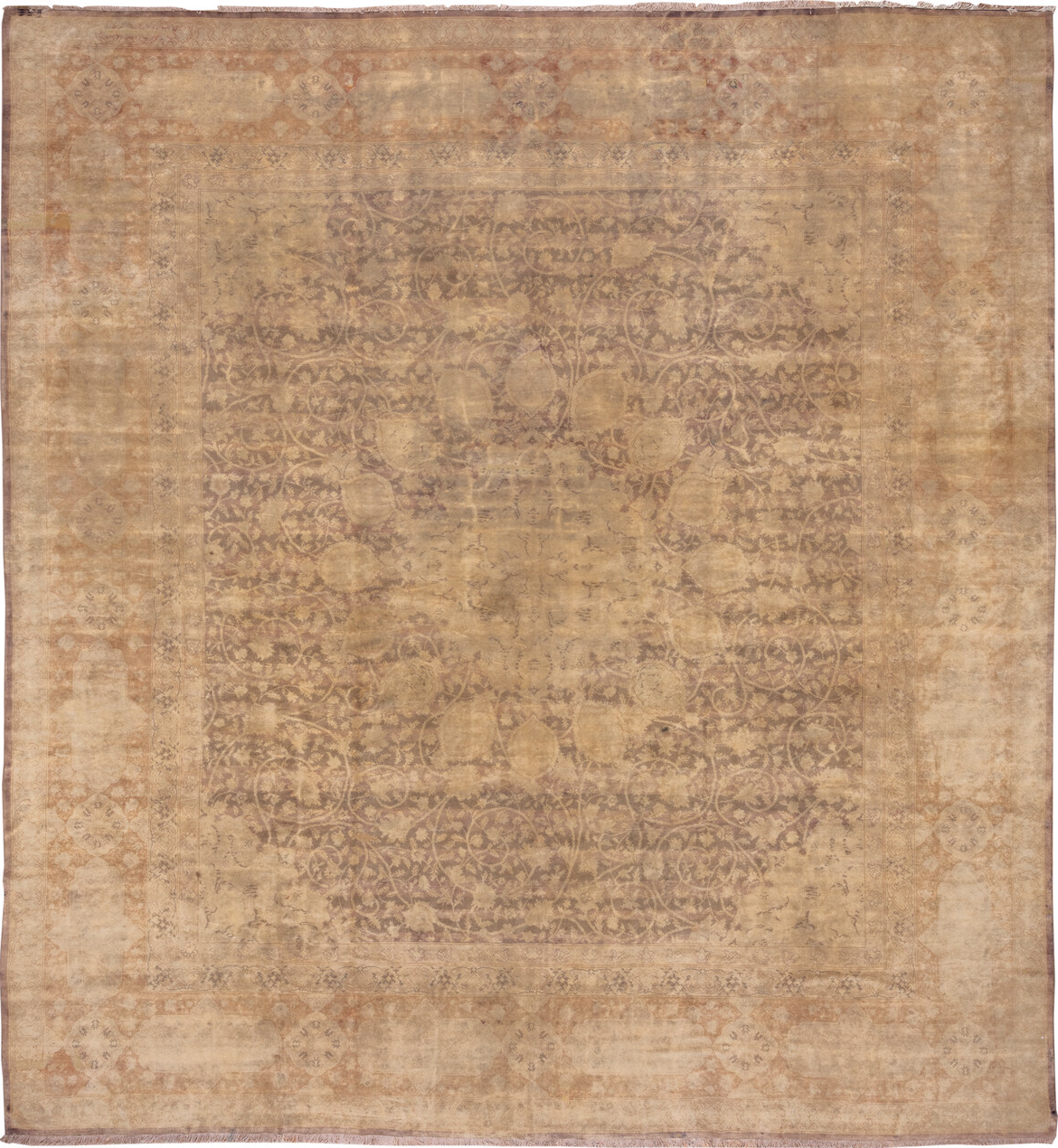 13' x 13' one-of-a-kind handmade vintage Sivas oversize rug. Color palette: brown, off-white, orange, tan