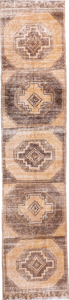 2' x 12' one-of-a-kind handmade vintage Oushak runner rug. Color palette: brown, off-white, orange, pink, snow, white