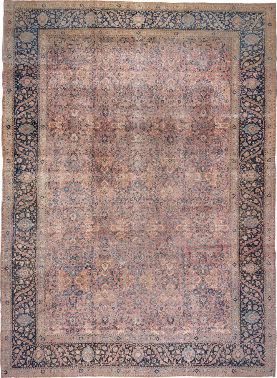 13' x 18' one-of-a-kind handmade vintage Tabriz oversize rug. Color palette: blue, brown, dark gray, dim gray, fiord, gray