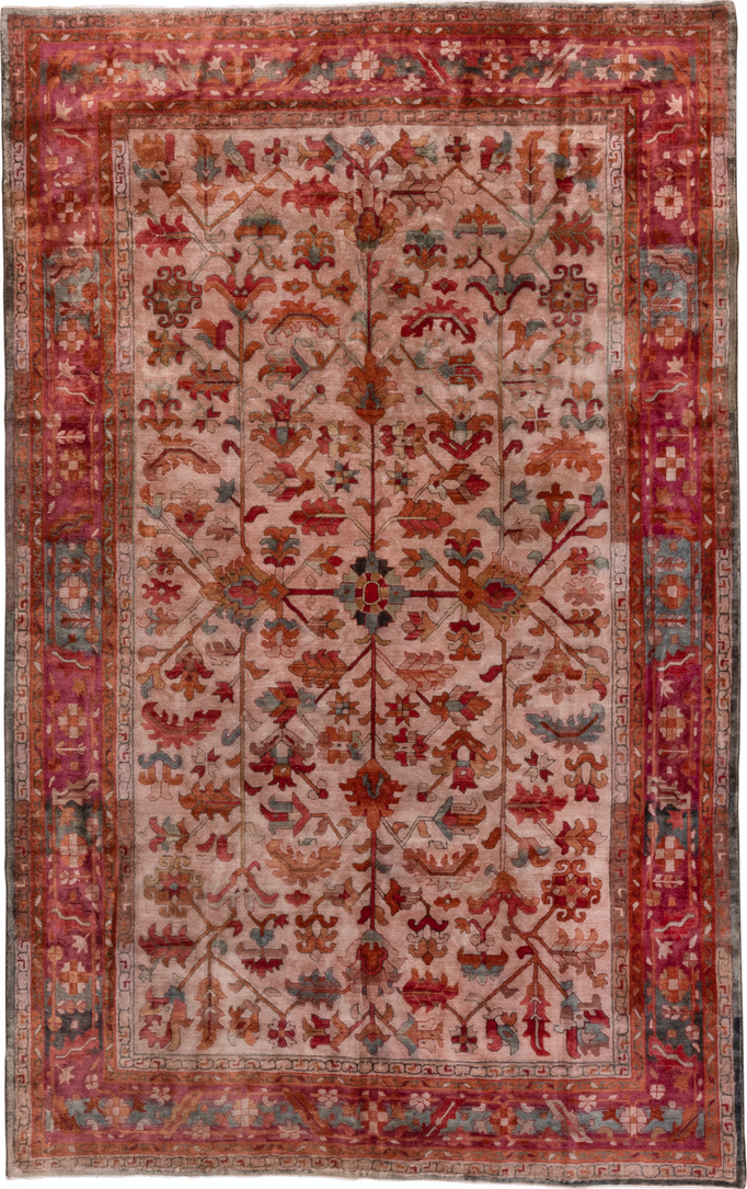 6' x 10' one-of-a-kind handmade vintage Hooked large size rug. Color palette: brown, dim gray, gray, pink, red, rosy brown