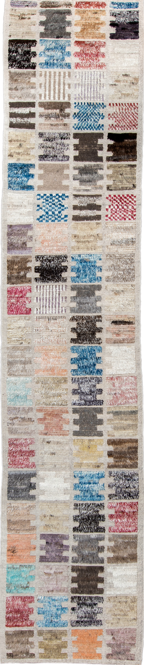 3' x 14' one-of-a-kind handmade vintage Tulu runner rug. Color palette: black, blue, brown, dark gray, dim gray, gainsboro