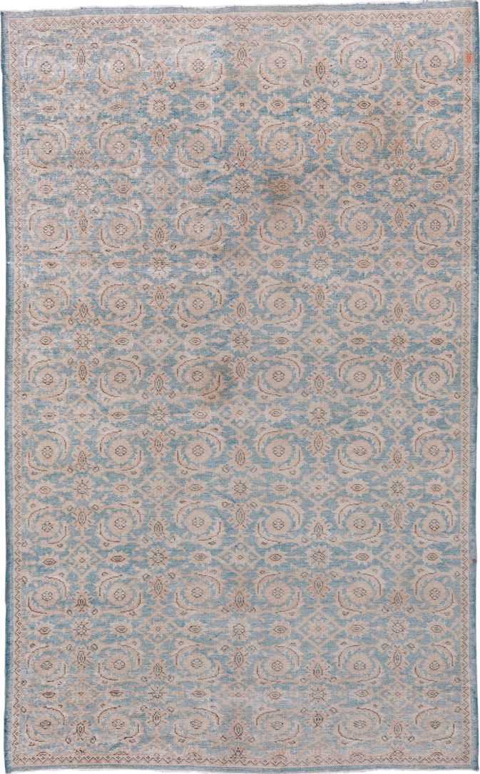 5' x 9' one-of-a-kind handmade vintage Oushak medium size rug. Color palette: blue, dark gray, gray, light gray, off-white