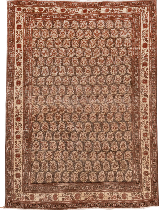 4' x 5' one-of-a-kind handmade vintage Tabriz small size rug. Color palette: brown, gray, off-white, orange, pink, snow