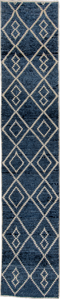 2' x 13' one-of-a-kind handmade vintage Tulu runner rug. Color palette: black, blue, dark gray, gray, light blue, light gray