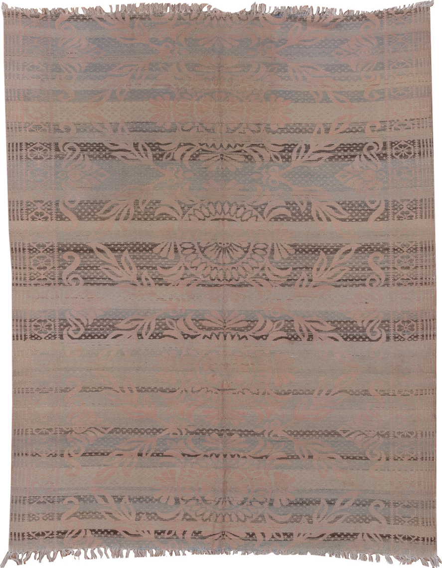5' x 7' one-of-a-kind handmade vintage Kilim rug. Color palette: brown, gray, light gray, off-white, pink, snow, white