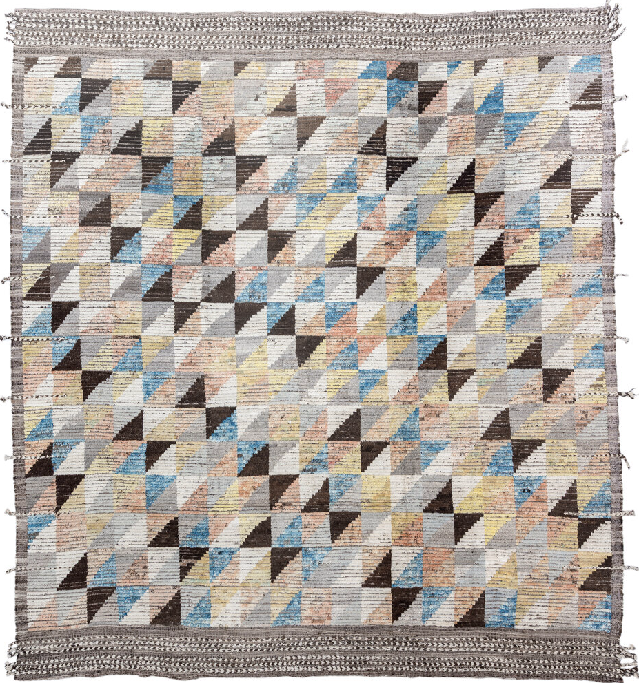 13' x 14' one-of-a-kind handmade vintage Tulu oversize rug. Color palette: blue, brown, dim gray, gainsboro, gray