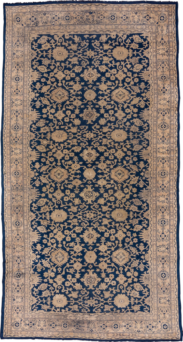 9' x 17' one-of-a-kind handmade vintage Oushak rug. Color palette: black, blue, brown, dim gray, gray, light gray, off-white