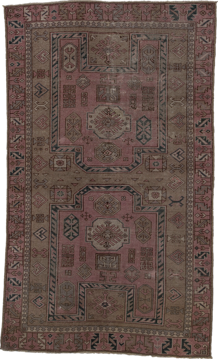 3' x 6' one-of-a-kind handmade vintage Anatol small size rug. Color palette: brown, dim gray, gray, light gray, off-white