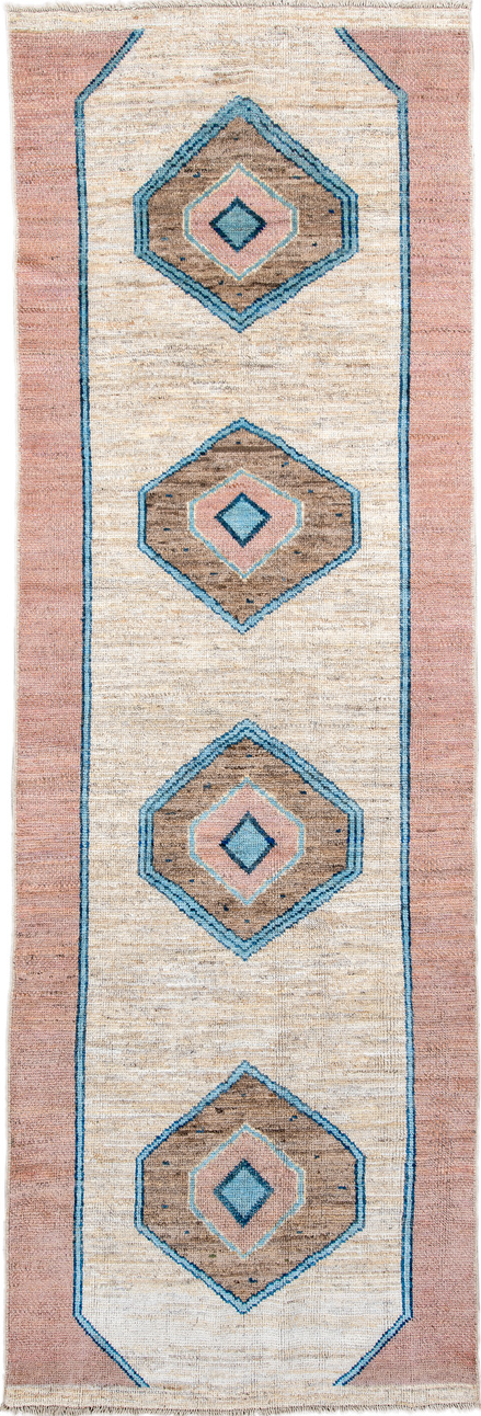 3' x 12' one-of-a-kind handmade vintage Oushak runner rug. Color palette: antiquewhite, arapawa, blue, brown, gray