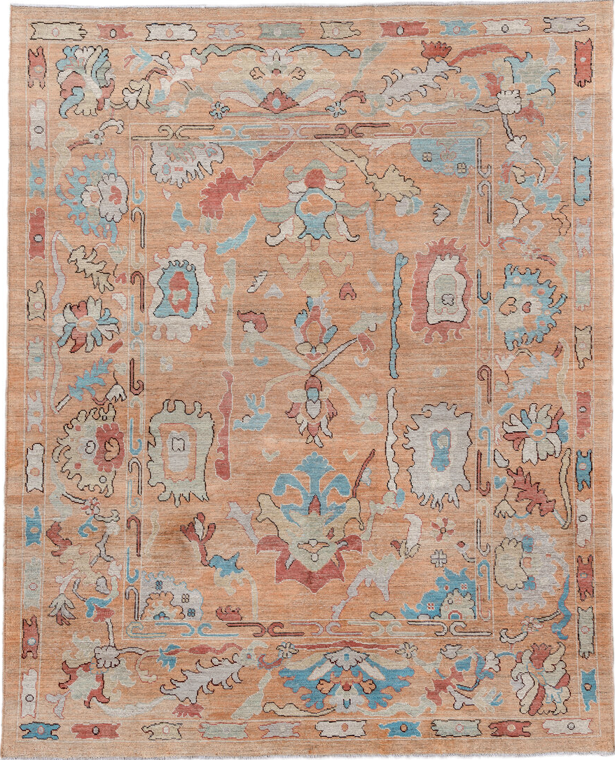 8' x 10' one-of-a-kind handmade vintage Oushak large size rug. Color palette: brown, light gray, off-white, gray, orange