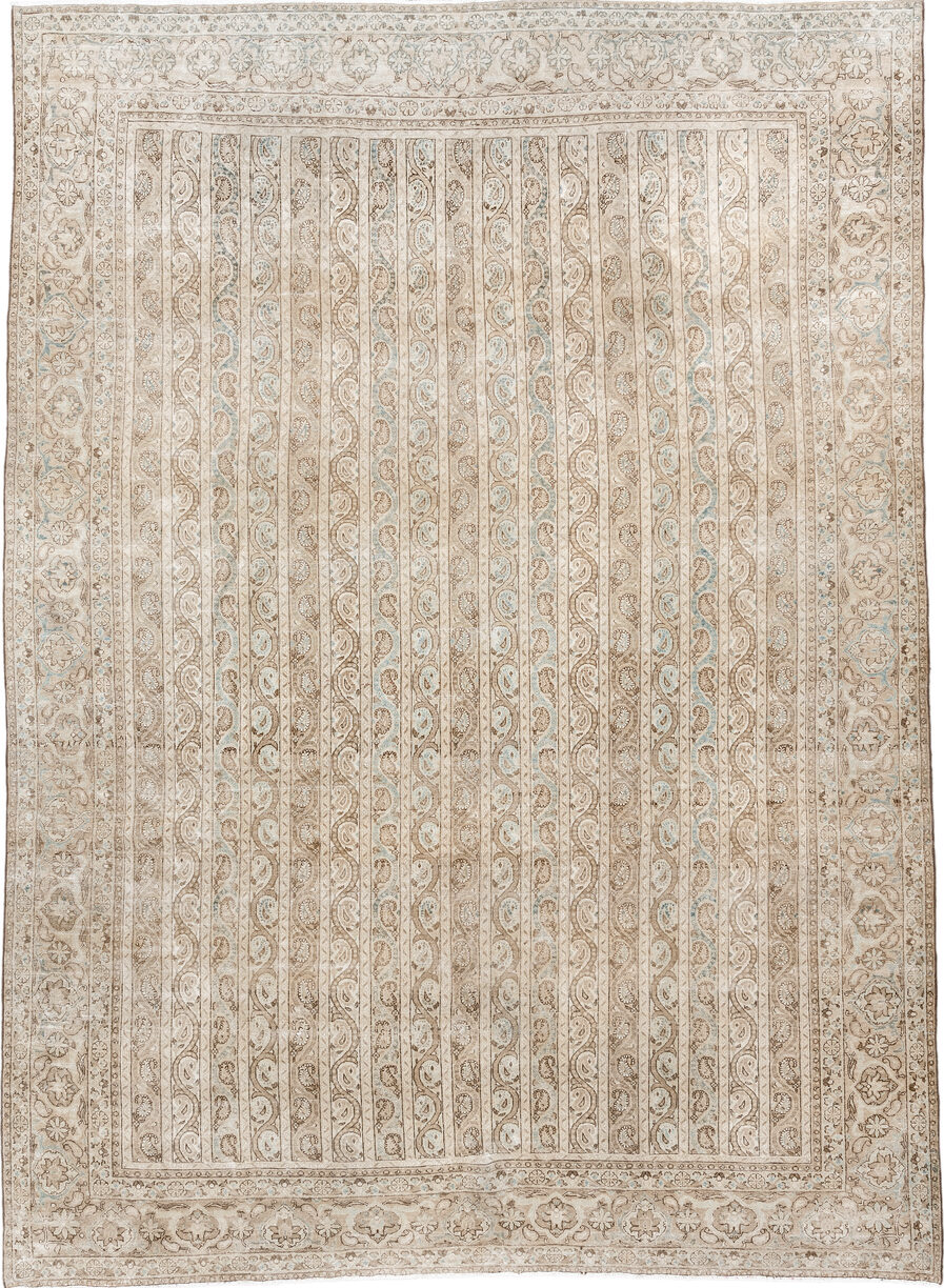 8' x 11' one-of-a-kind handmade vintage Qum large size rug. Color palette: antiquewhite, brown, gray, light gray, off-white