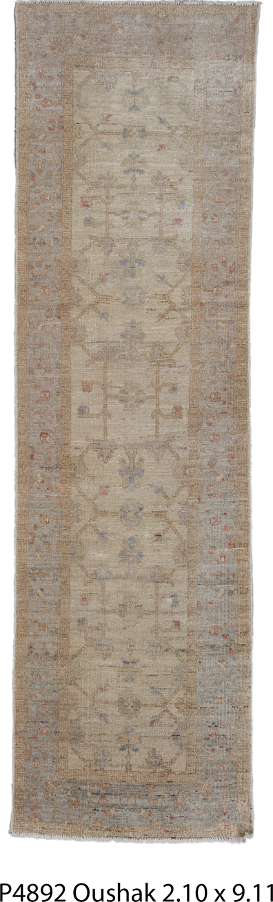2' x 9' one-of-a-kind handmade vintage Oushak runner rug. Color palette: brown, gray, light gray, silver