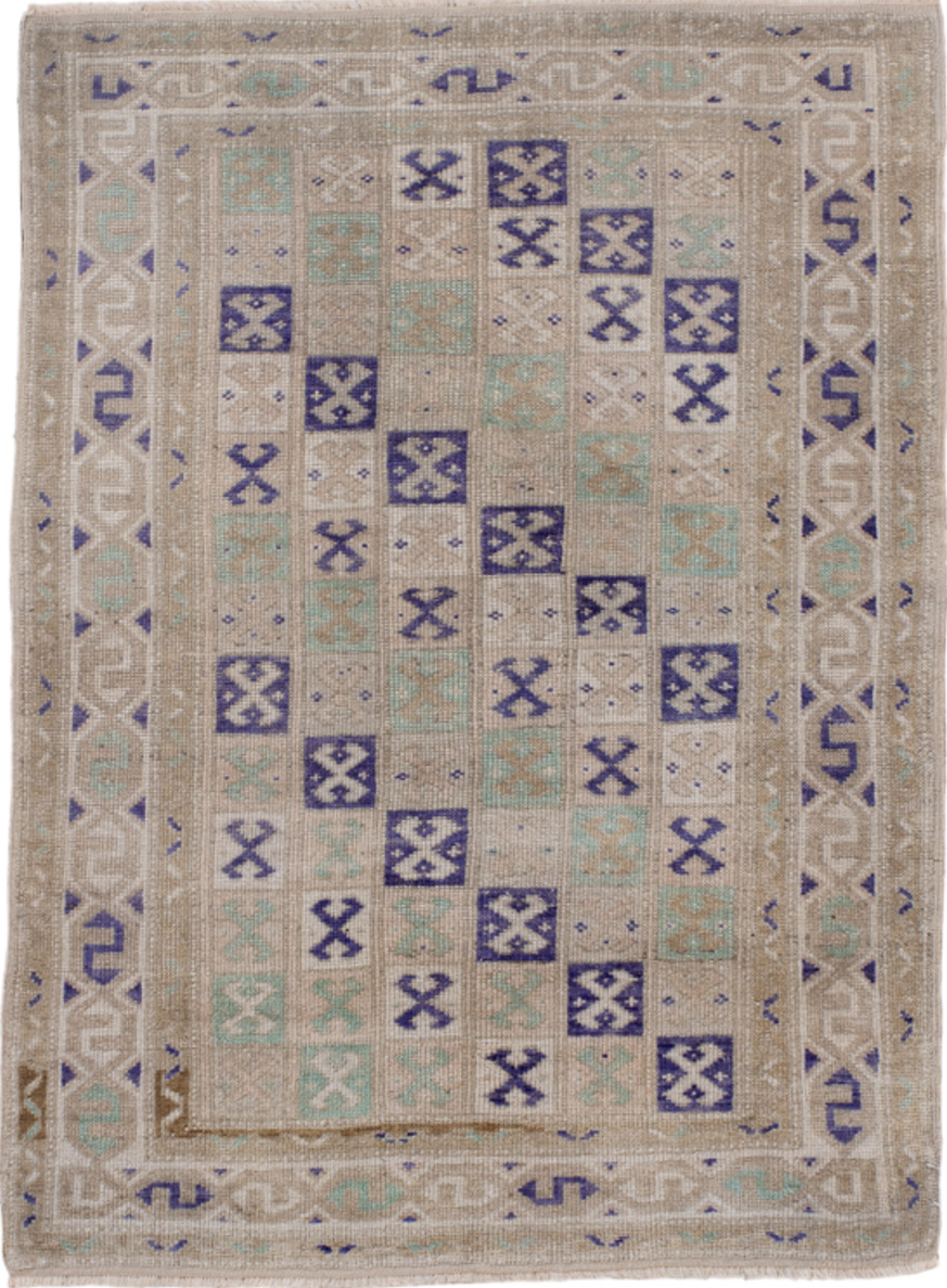 2' x 3' one-of-a-kind handmade vintage Oushak small size rug. Color palette: blue, brown, gray, light gray, off-white, pink