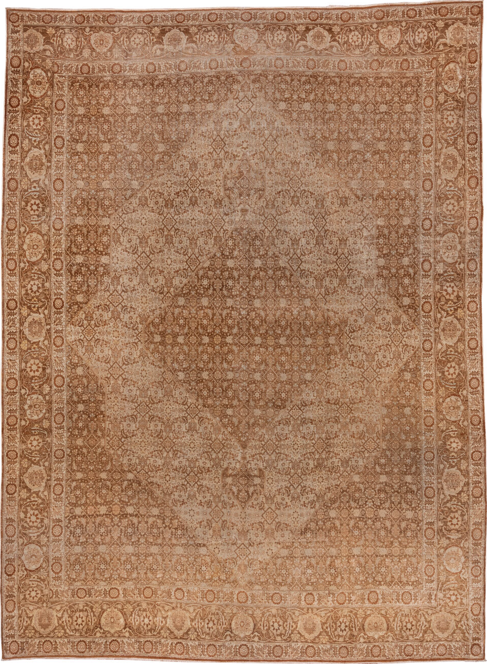9' x 12' one-of-a-kind handmade vintage Tabriz large size rug. Color palette: brown, off-white, pink