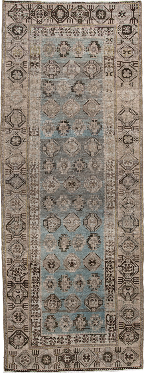 3' x 9' one-of-a-kind handmade vintage Malayer runner rug. Color palette: gray, light gray, off-white, dim gray, silver