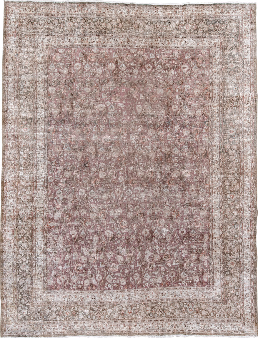 10' x 13' one-of-a-kind handmade vintage Khorassan large size rug. Color palette: gray, light gray, pink, brown, off-white