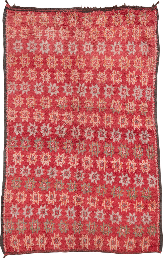 6' x 9' one-of-a-kind handmade vintage Moroccan medium size rug. Color palette: brown, burgundy, indian red, pink, red