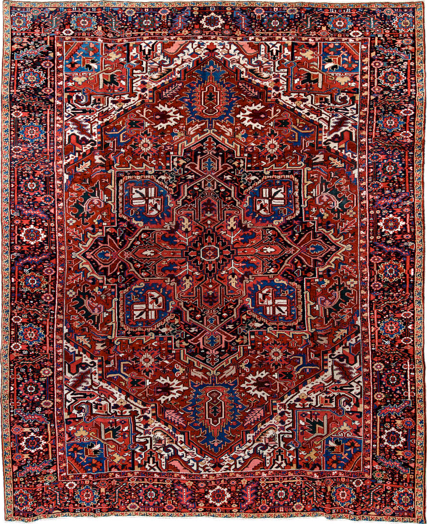 9' x 11' one-of-a-kind handmade vintage Heriz large size rug. Color palette: off-white, red, pink, gray, blue, brown, black
