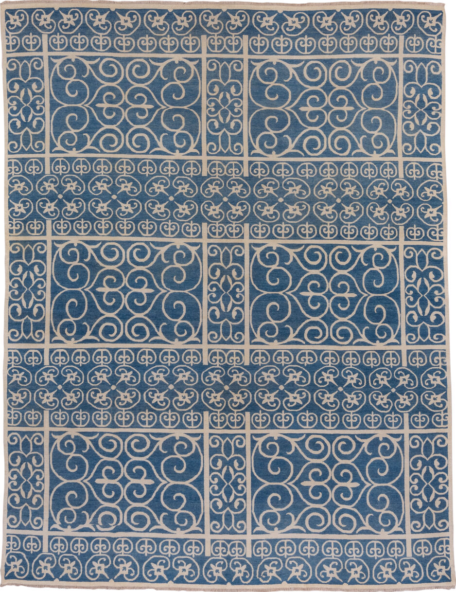 8' x 11' one-of-a-kind handmade vintage Modern large size rug. Color palette: arapawa, blue, dark gray, gray, light gray