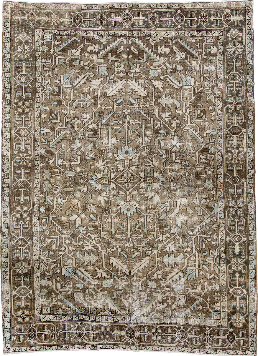 7' x 10' one-of-a-kind handmade vintage Karaje large size rug. Color palette: antiquewhite, beige, black, brown, charcoal