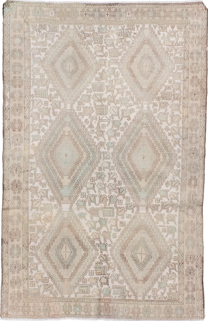 4' x 6' one-of-a-kind handmade vintage Sumak small size rug. Color palette: brown, gray, light gray, off-white, pink