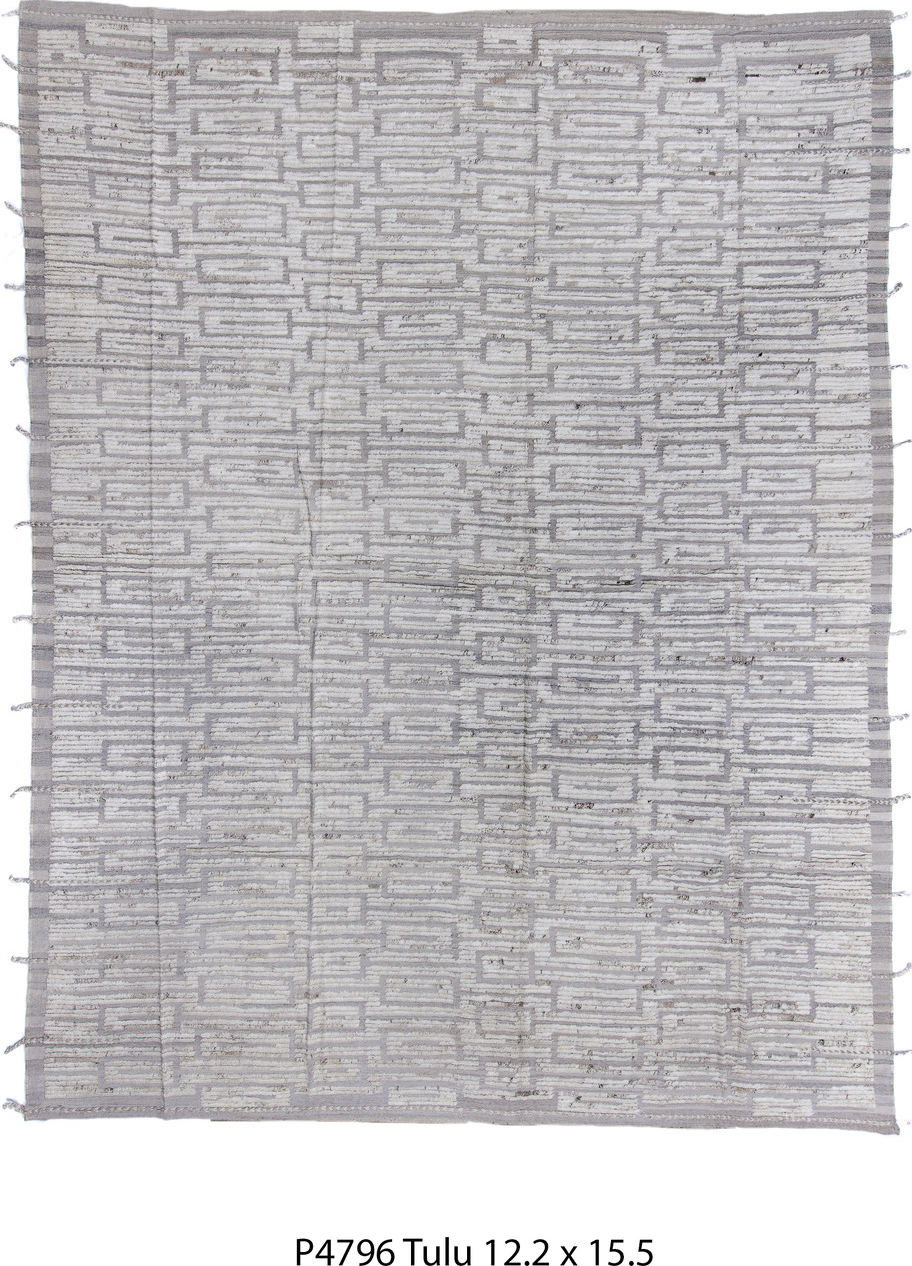 12' x 15' one-of-a-kind handmade vintage Tulu oversize rug. Color palette: blue, dark gray, dim gray, gainsboro, gray