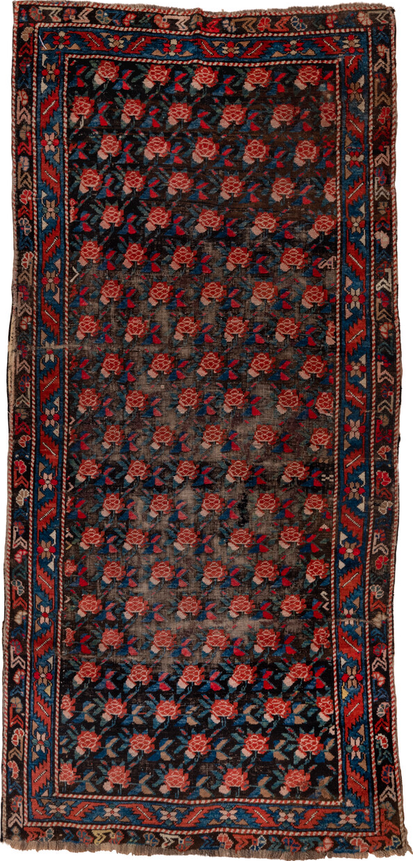 4' x 8' one-of-a-kind handmade vintage Karabagh runner rug. Color palette: arapawa, black, blue, brown, charcoal, fire brick