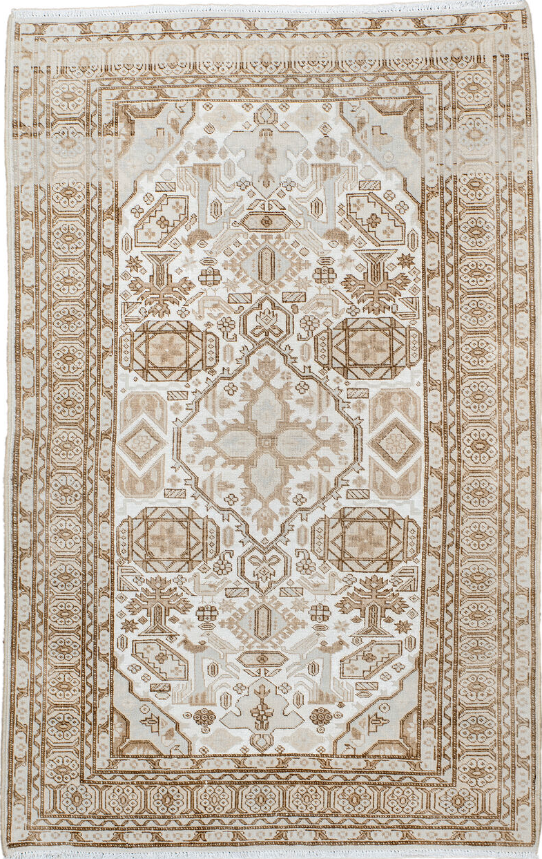 3' x 5' one-of-a-kind handmade vintage  small size rug. Color palette: antiquewhite, blanched almond, brown, dark gray