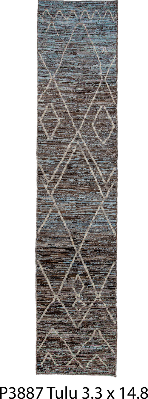 3' x 14' one-of-a-kind handmade vintage Tulu runner rug. Color palette: black, blue, cadet blue, gray, light blue