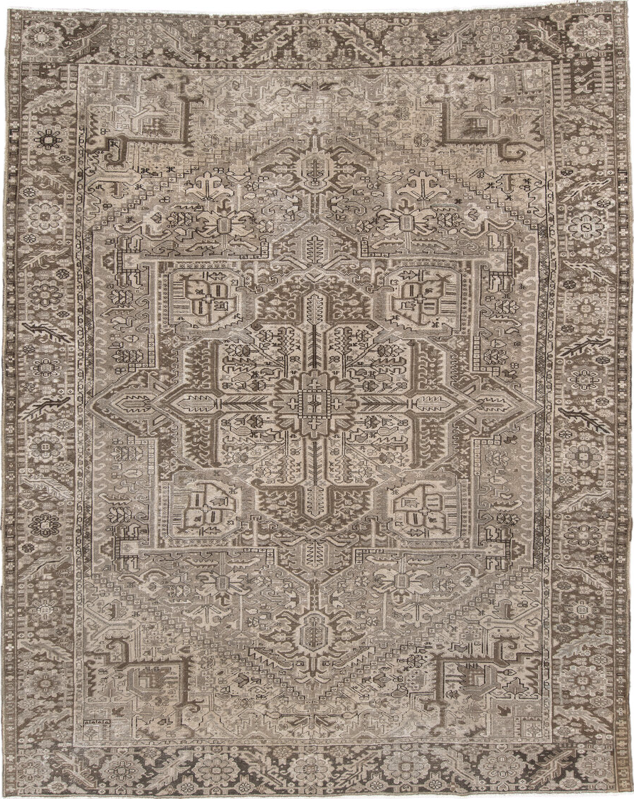 9' x 11' one-of-a-kind handmade vintage Karaje large size rug. Color palette: gray, light gray, pink, off-white, brown