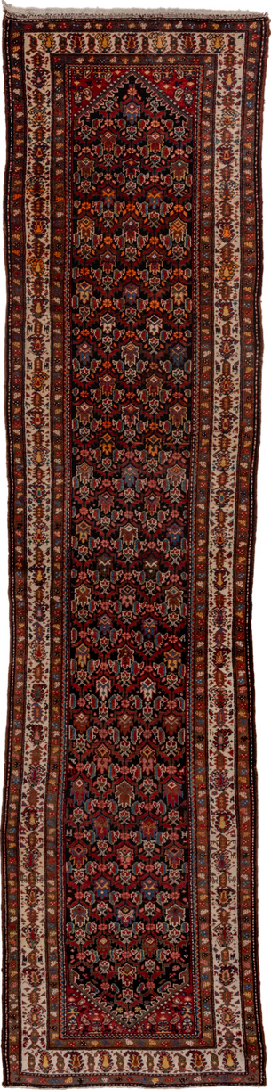 3' x 13' one-of-a-kind handmade vintage Malayer runner rug. Color palette: gray, brown, red, blue, black, pink